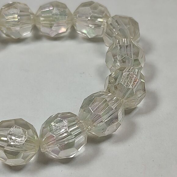 Opaque Clear Iridescent Plastic Beaded Stretch Fashion Bracelet 5.75" Bridal - Picture 7 of 13